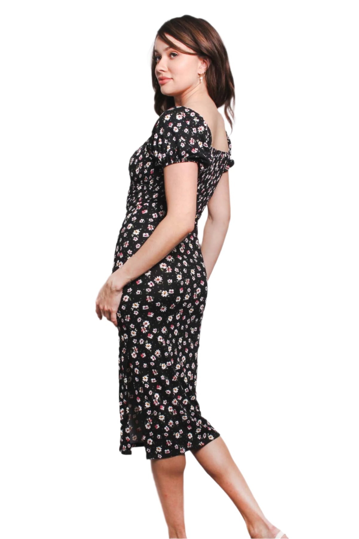 Women's Short Sleeve Square Neck Floral Pleated Midi Dress