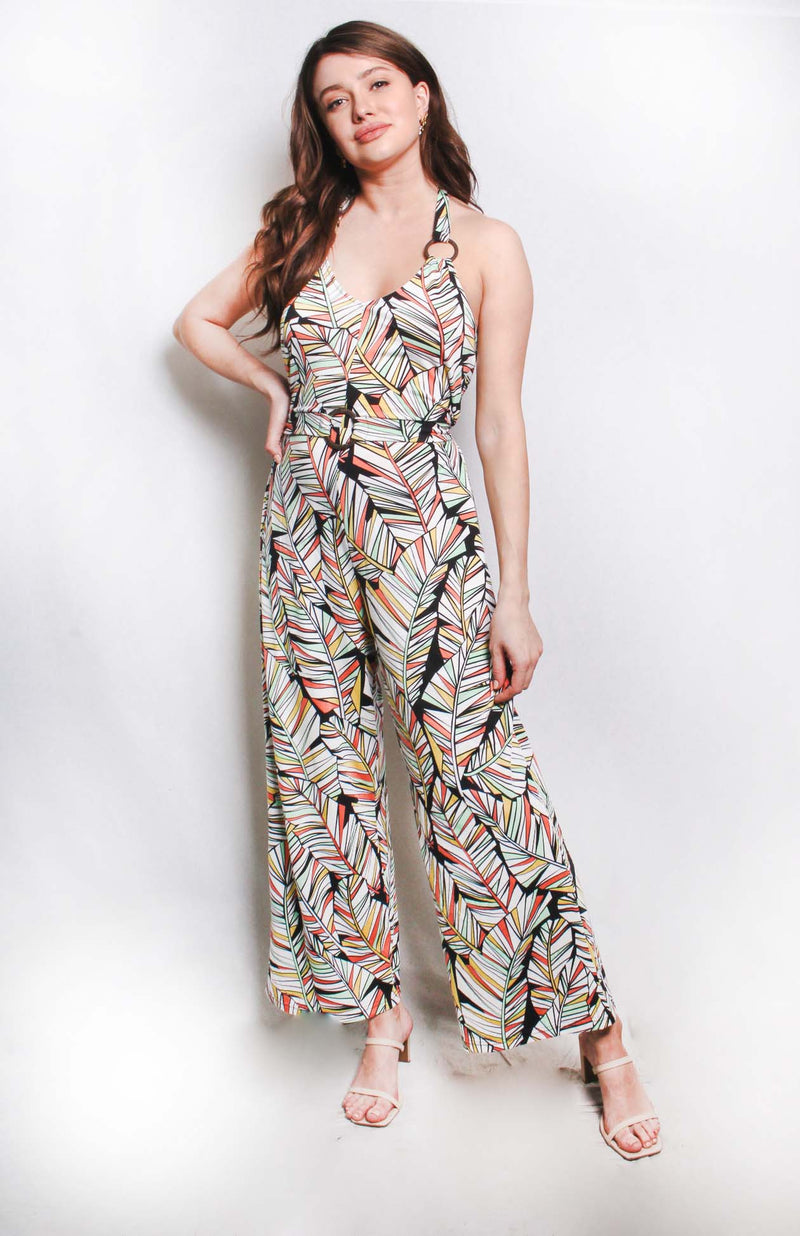 Women's Sleeveless Strappy Palm Print Jumpsuit