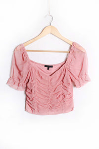 Women's Puff Sleeve Overall Ruched Mesh Top