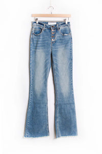 Women's High Waist Five Buttons Raw Hem Flare Jeans