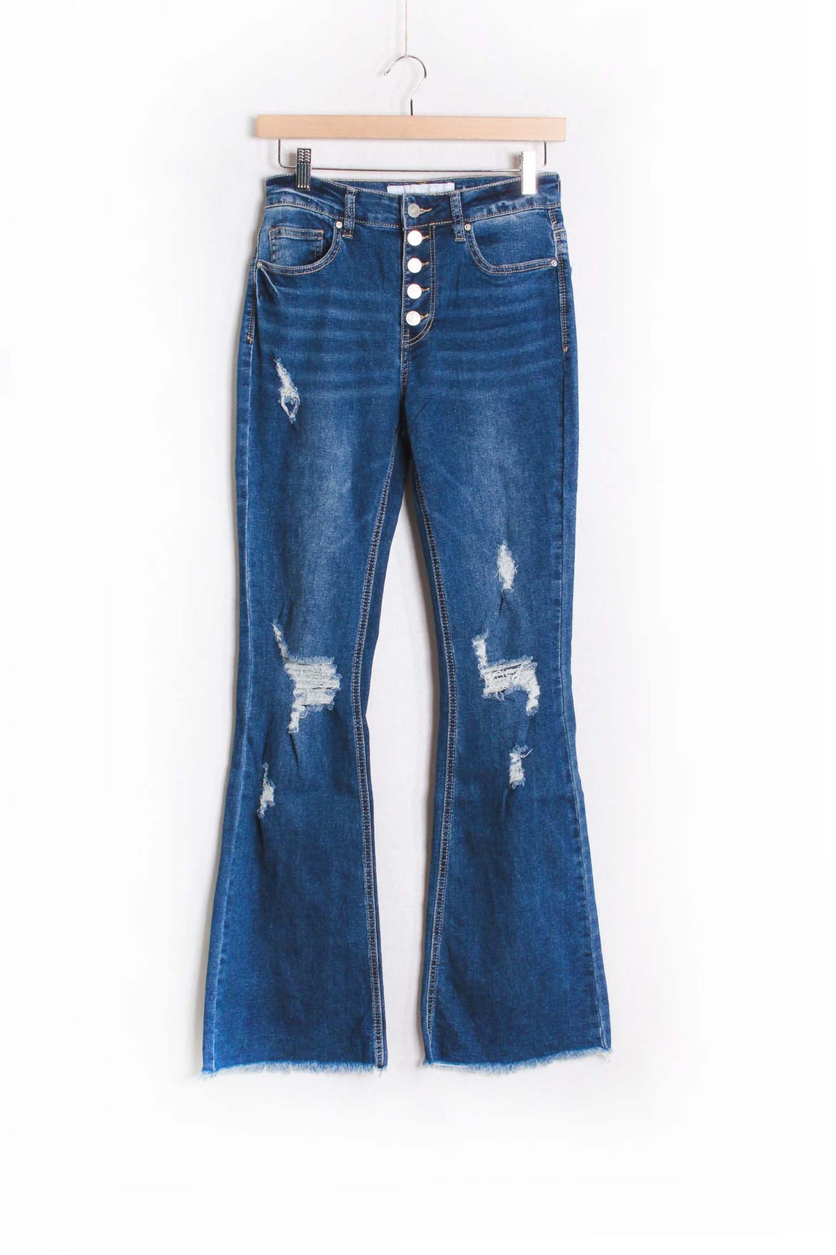 Women's High Waist Five Buttons Tattered Flare Jeans