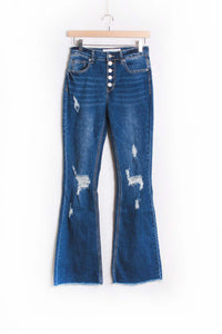 Women's High Waist Five Buttons Tattered Flare Jeans