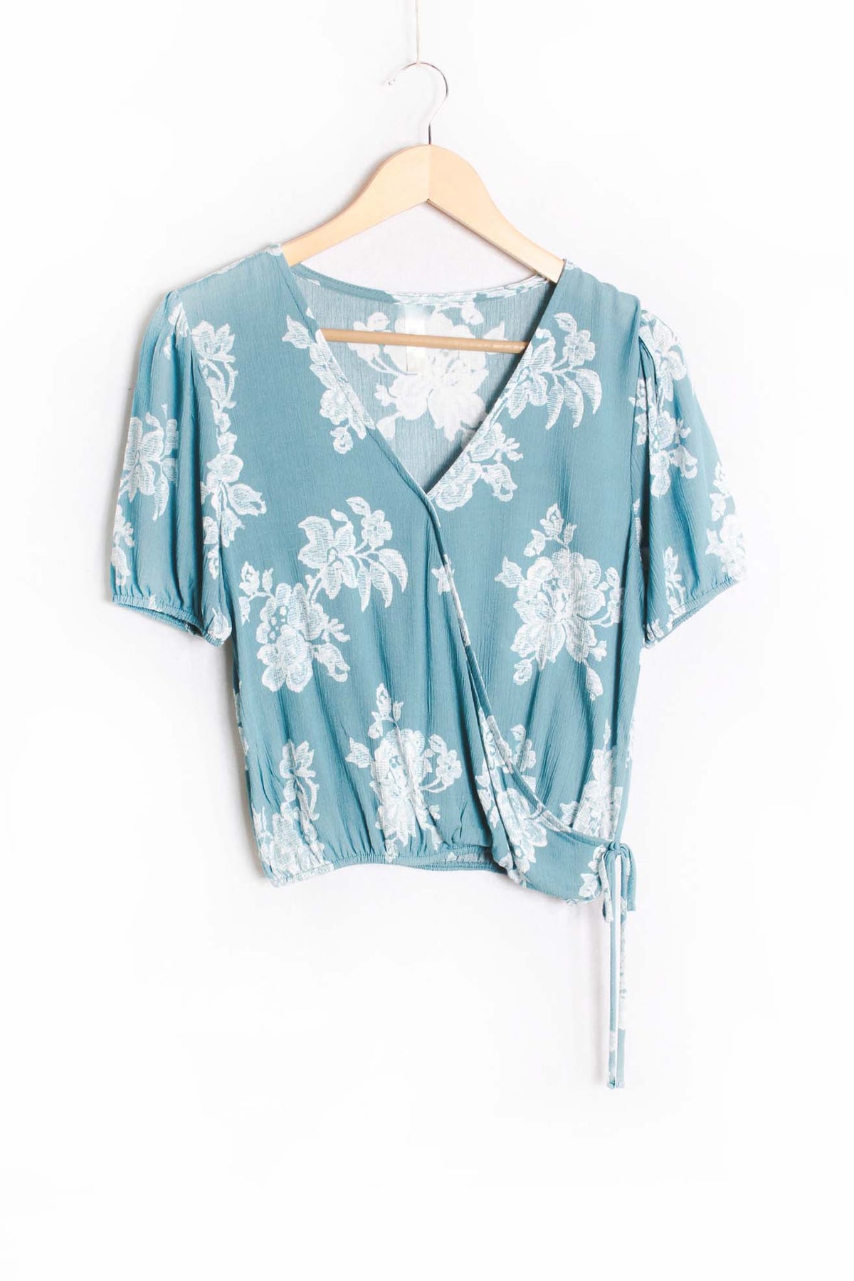 Women's Puff Sleeve V-Neck Drawstring Side Floral Crop Top