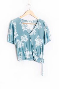Women's Puff Sleeve V-Neck Drawstring Side Floral Crop Top
