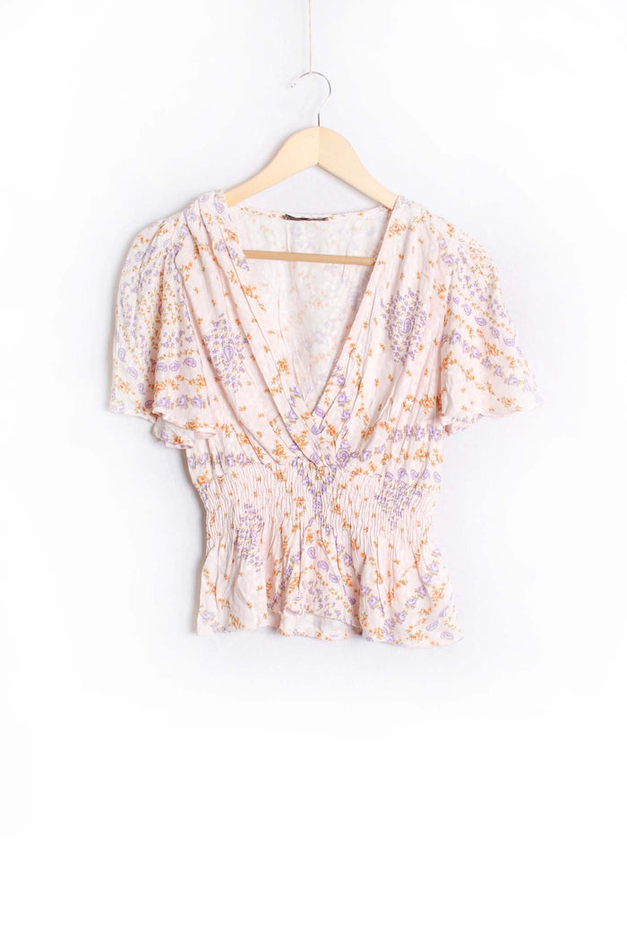 Women's Puff Sleeve V-Neck Floral Cropped Top