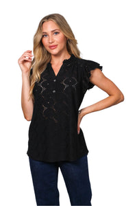 Women's Butterfly Sleeve Button Neck Eyelet Embroidered Blouse Top