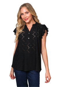 Women's Butterfly Sleeve Button Neck Eyelet Embroidered Blouse Top