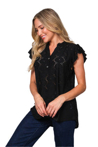 Women's Butterfly Sleeve Button Neck Eyelet Embroidered Blouse Top