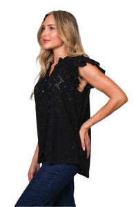 Women's Butterfly Sleeve Button Neck Eyelet Embroidered Blouse Top