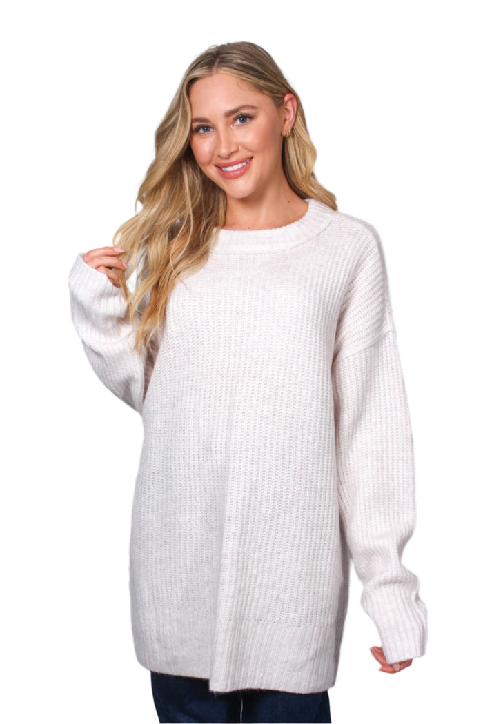 Women's Long Sleeve Round Neck Ribbed Knit Sweater