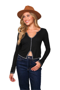 Women's Long Sleeve Trim V Neck Solid Top