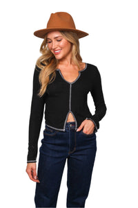 Women's Long Sleeve Trim V Neck Solid Top