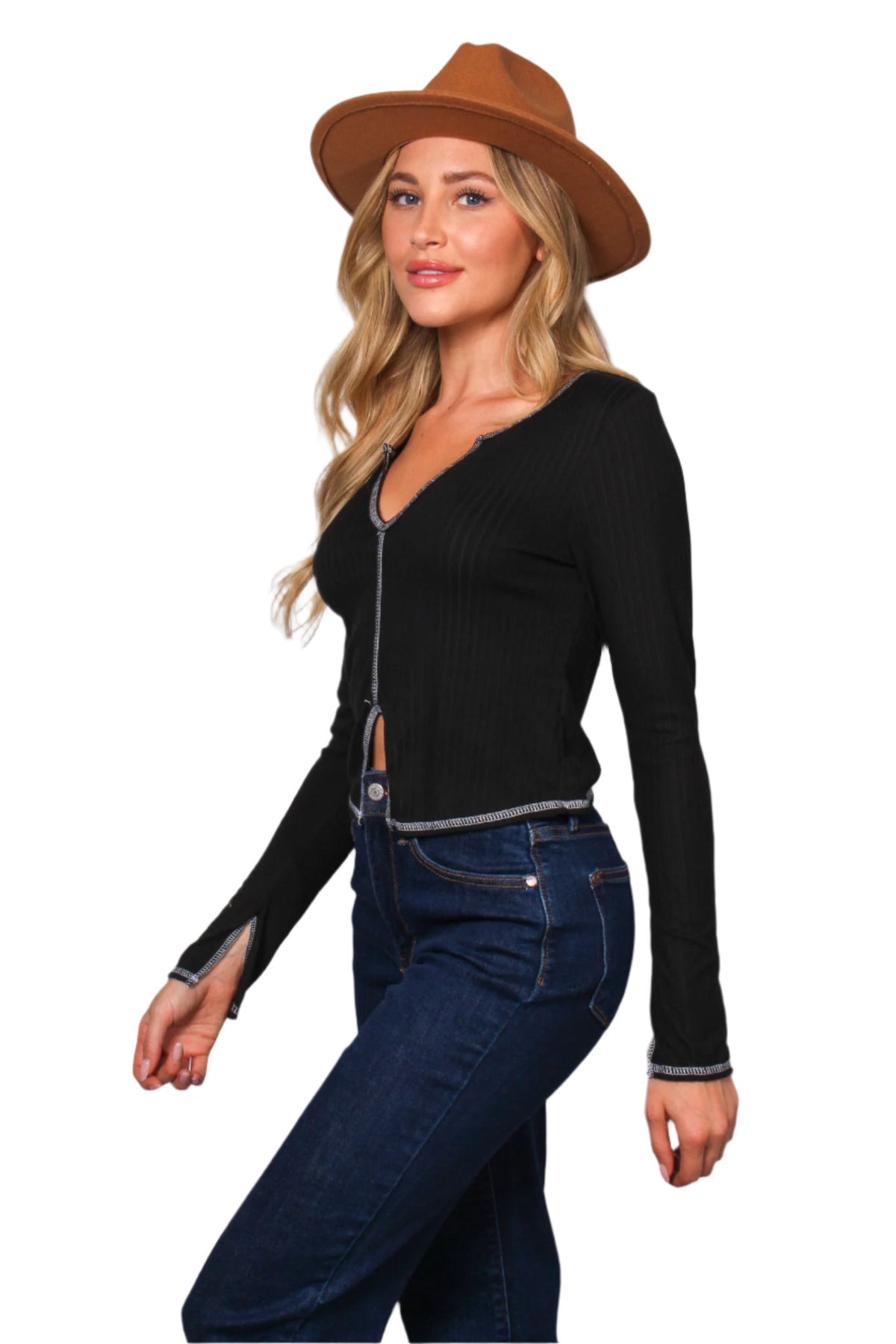 Women's Long Sleeve Trim V Neck Solid Top
