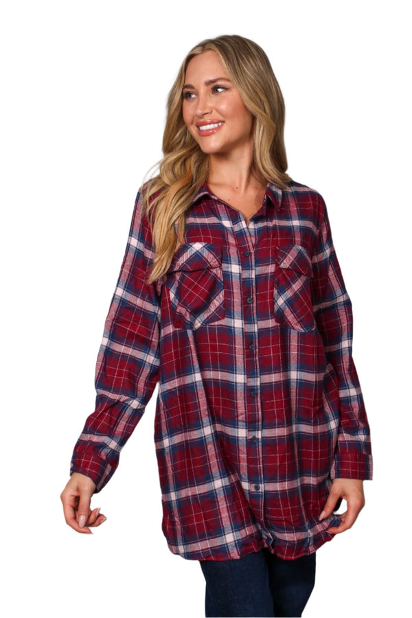 Women's Long Sleeve Two Pocket Plaid Top