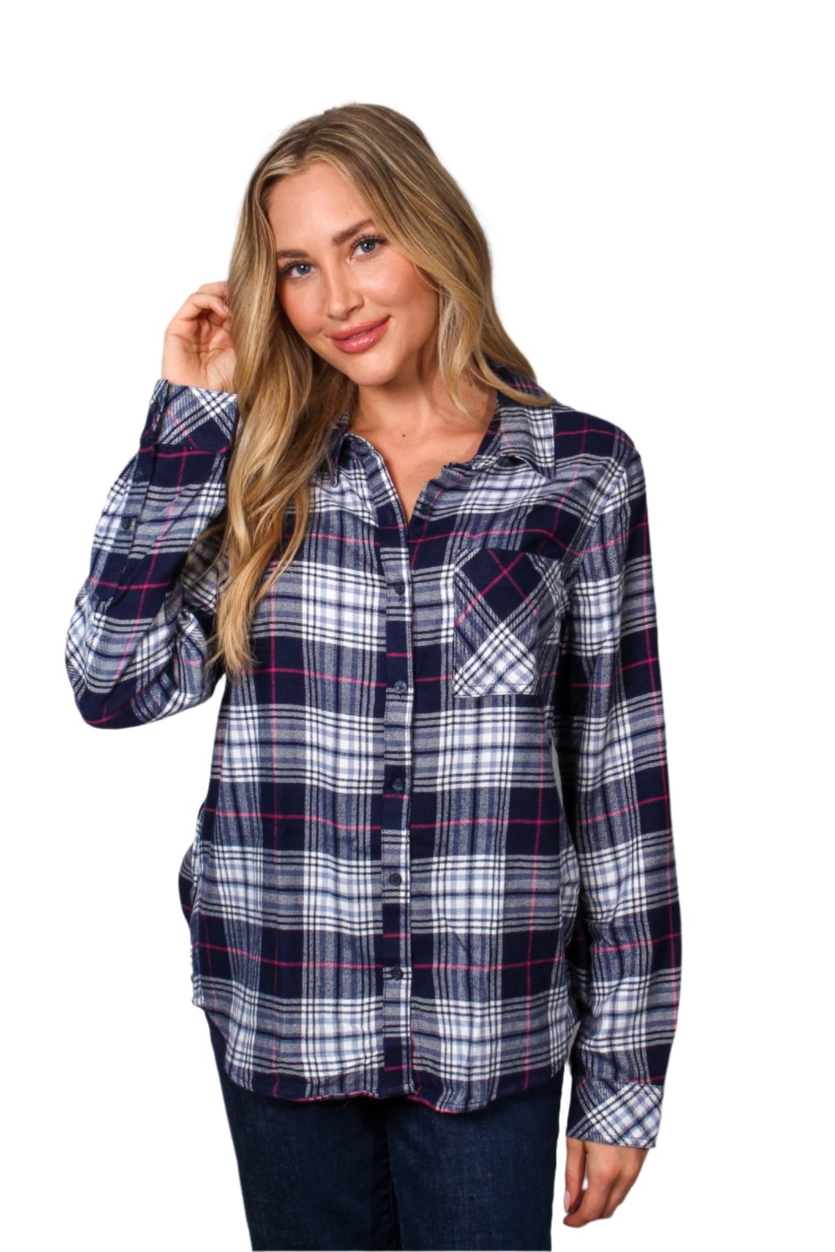 Women's Long Sleeve One Pocket Plaid Top