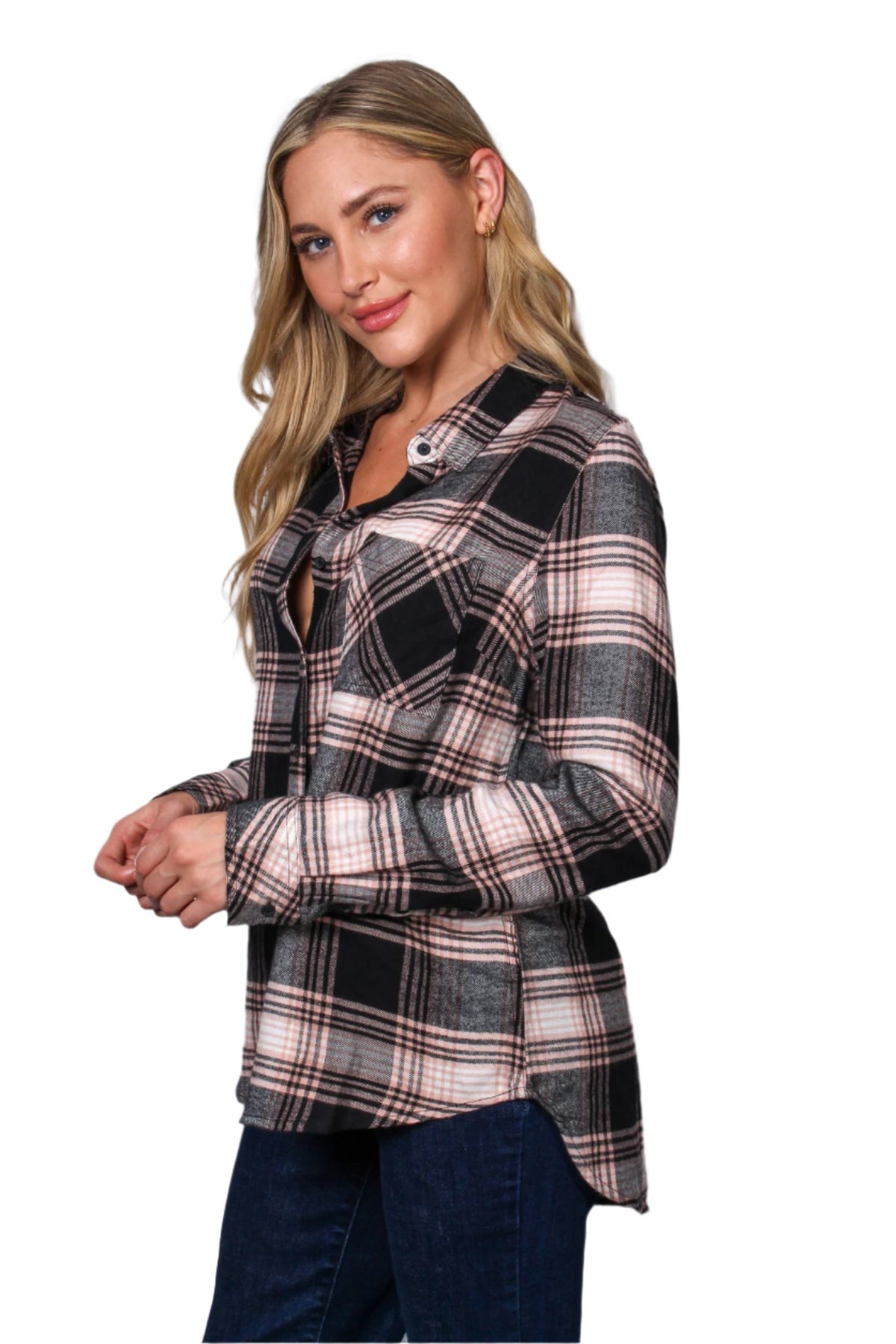 Women's Long Sleeve One Pocket Plaid Top