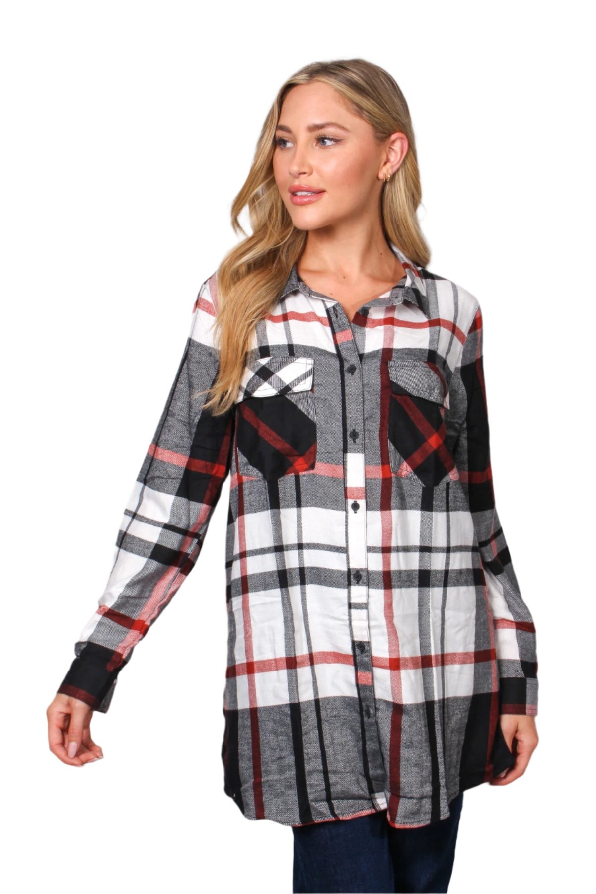 Women's Long Sleeve Two Pocket Plaid Top