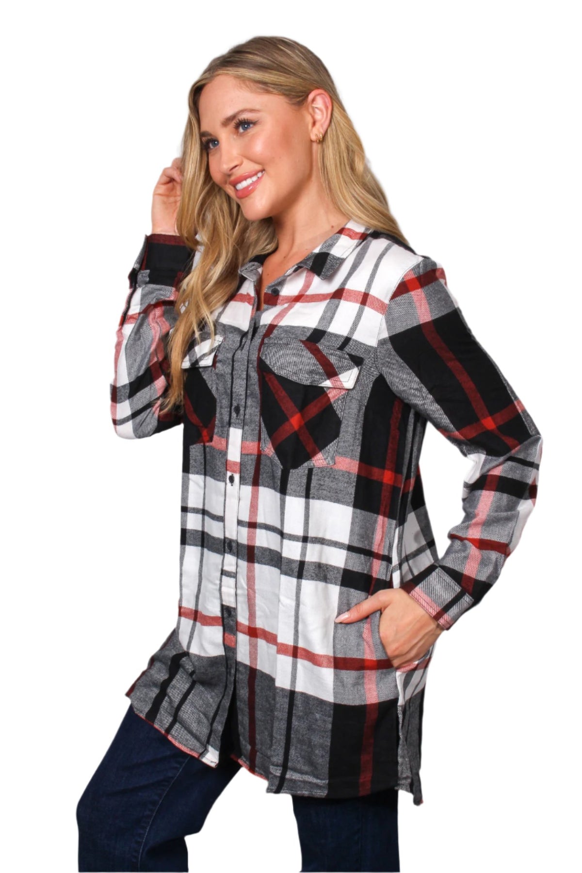 Women's Long Sleeve Two Pocket Plaid Top