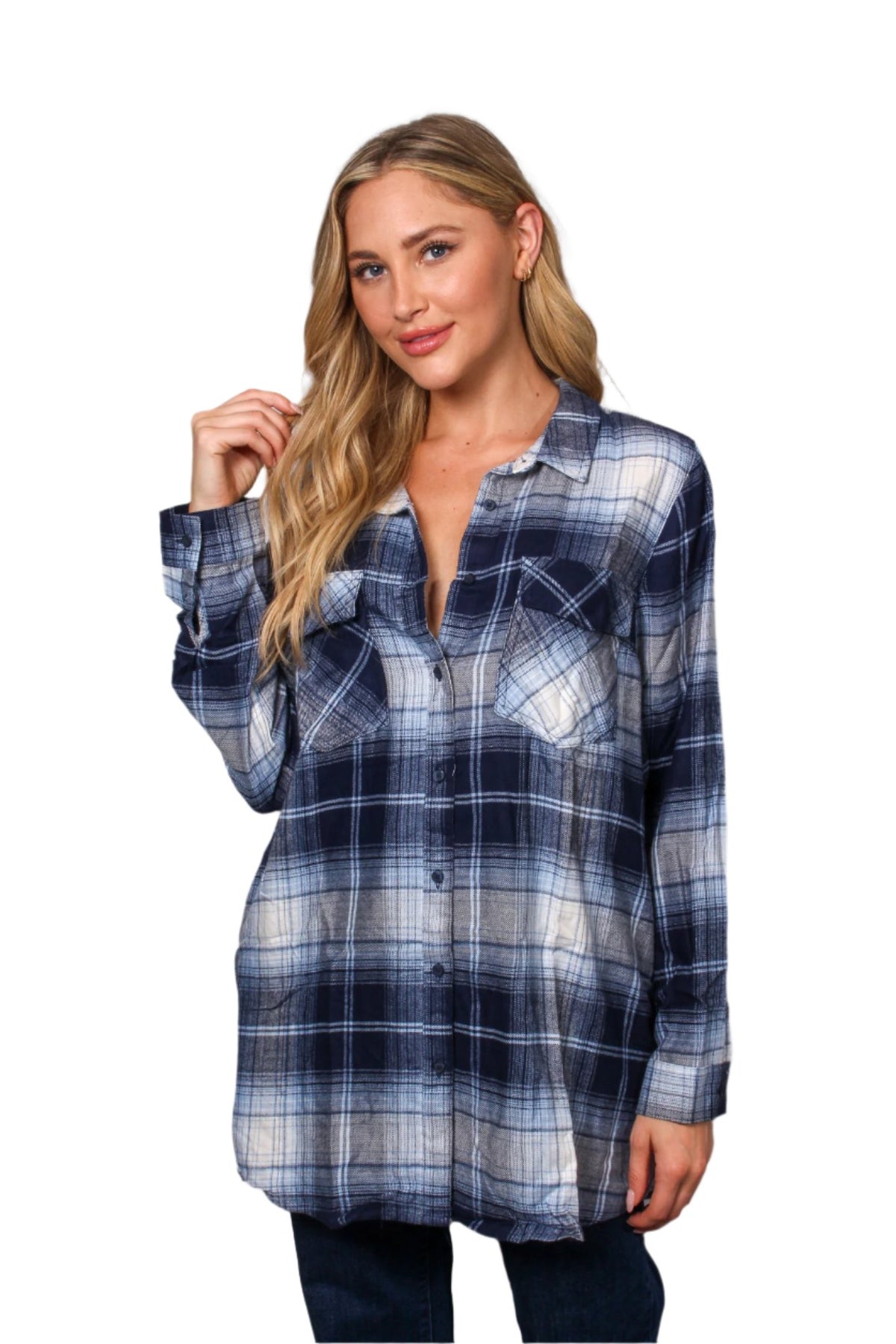 Women's Long Sleeve Two Pocket Plaid Top