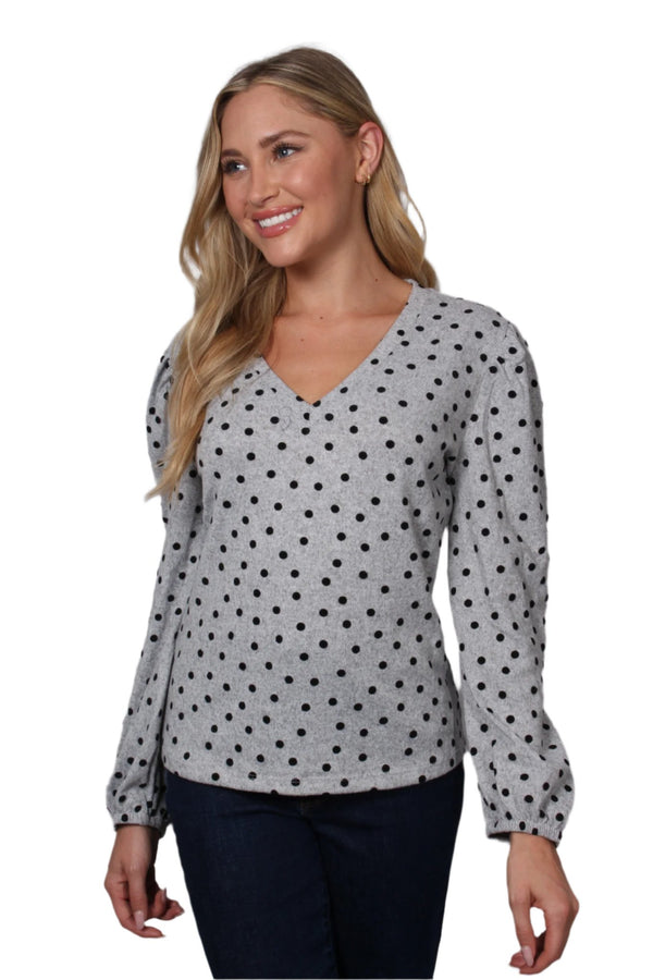 Women's Long Sleeve V-Neck Polka Dot Blouse Top