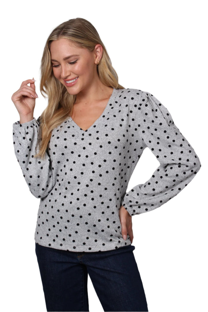 Women's Long Sleeve V-Neck Polka Dot Blouse Top