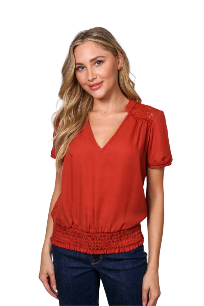 Women's Short Sleeve V-Neck Layered Ruffle Hem Top