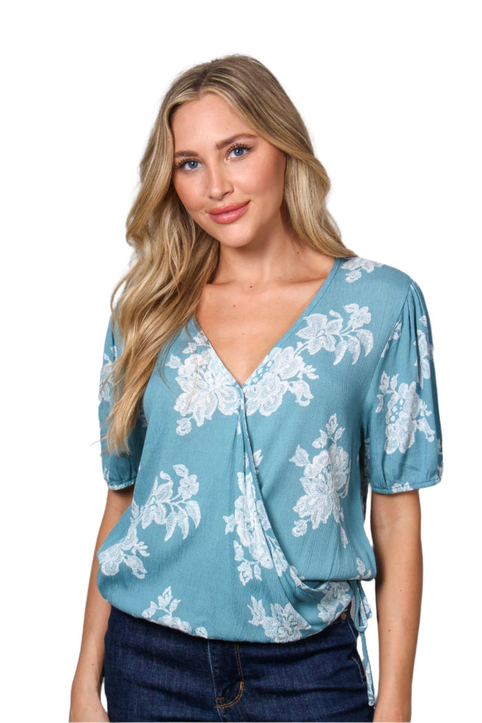 Women's Puff Sleeve V-Neck Drawstring Side Floral Crop Top