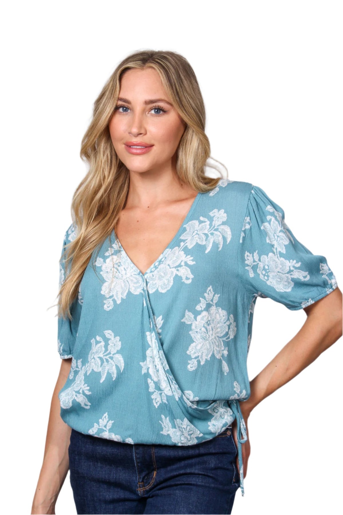 Women's Puff Sleeve V-Neck Drawstring Side Floral Crop Top