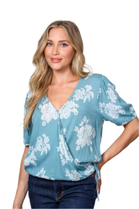 Women's Puff Sleeve V-Neck Drawstring Side Floral Crop Top