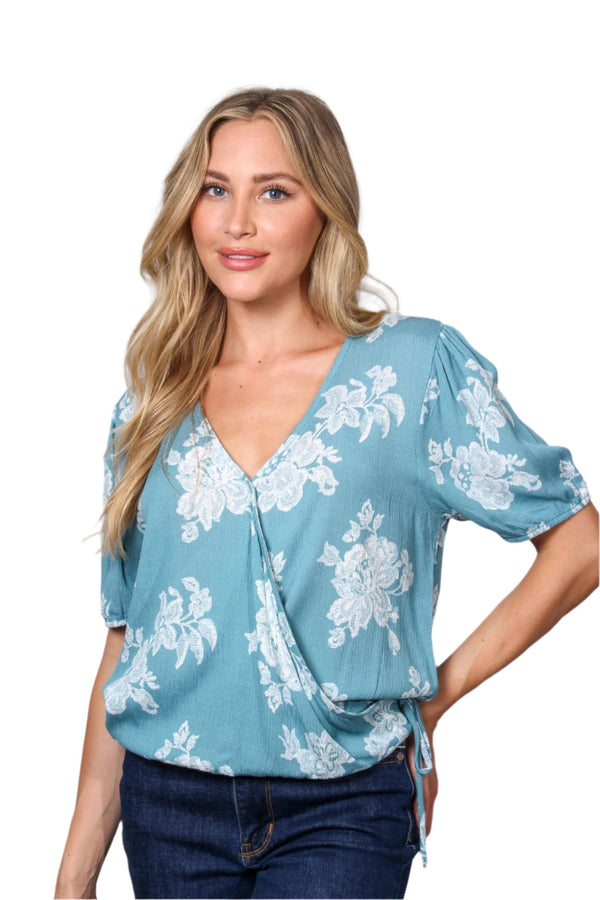 Women's Puff Sleeve V-Neck Drawstring Side Floral Crop Top