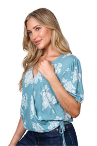Women's Puff Sleeve V-Neck Drawstring Side Floral Crop Top