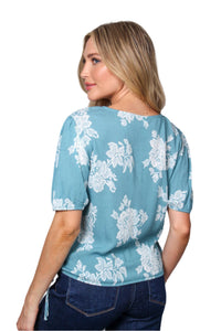 Women's Puff Sleeve V-Neck Drawstring Side Floral Crop Top
