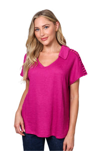 Women's Short Sleeve Collared V-Neck Knitted Blouse Top