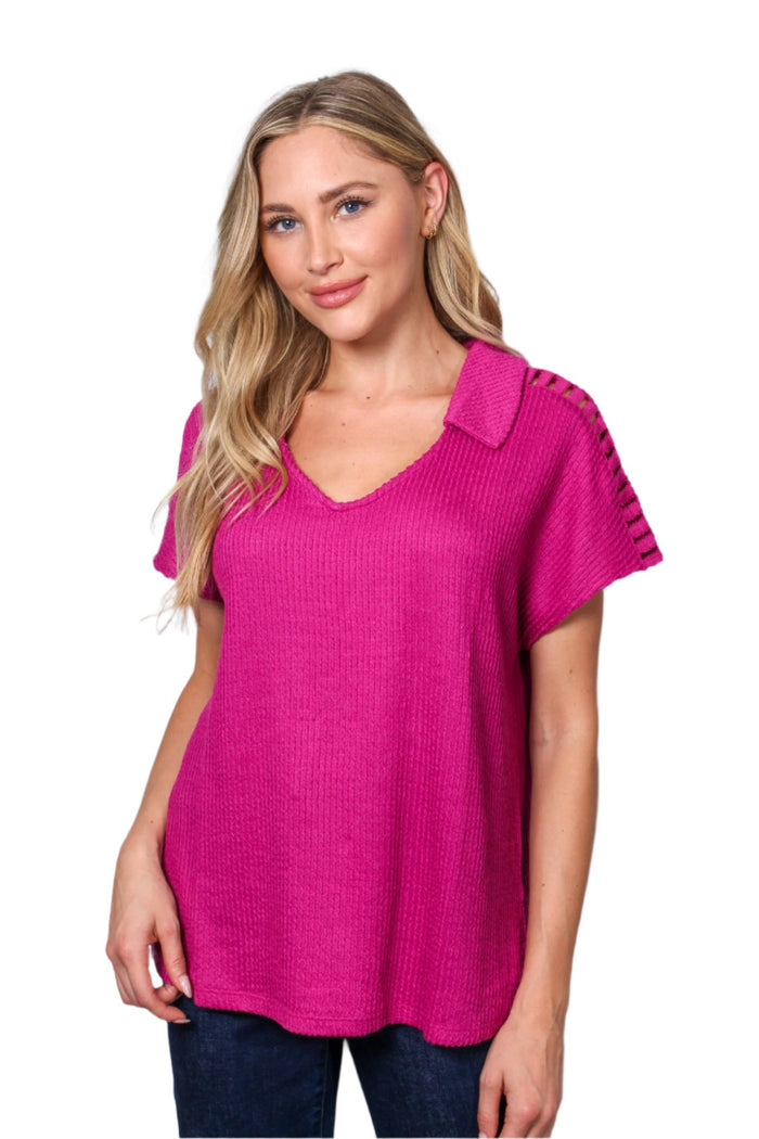 Women's Short Sleeve Collared V-Neck Knitted Blouse Top