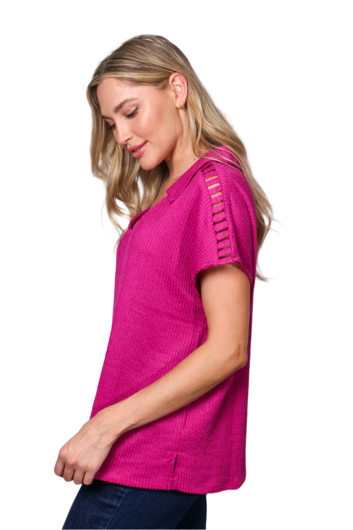 Women's Short Sleeve Collared V-Neck Knitted Blouse Top