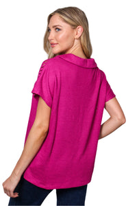 Women's Short Sleeve Collared V-Neck Knitted Blouse Top