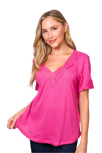 Women's Short Sleeve Lace V-Neck Knitted Top