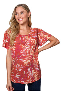 Women's Short Sleeve Tie Front Bamboo Print Top