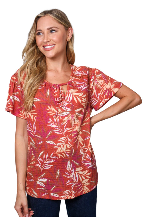 Women's Short Sleeve Tie Front Bamboo Print Top