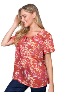Women's Short Sleeve Tie Front Bamboo Print Top