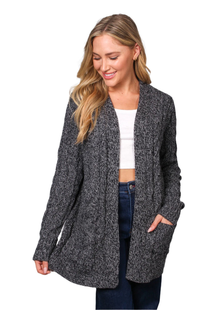 Women's Long Sleeves Open Front Double Pocket Cable Knit Cardigan