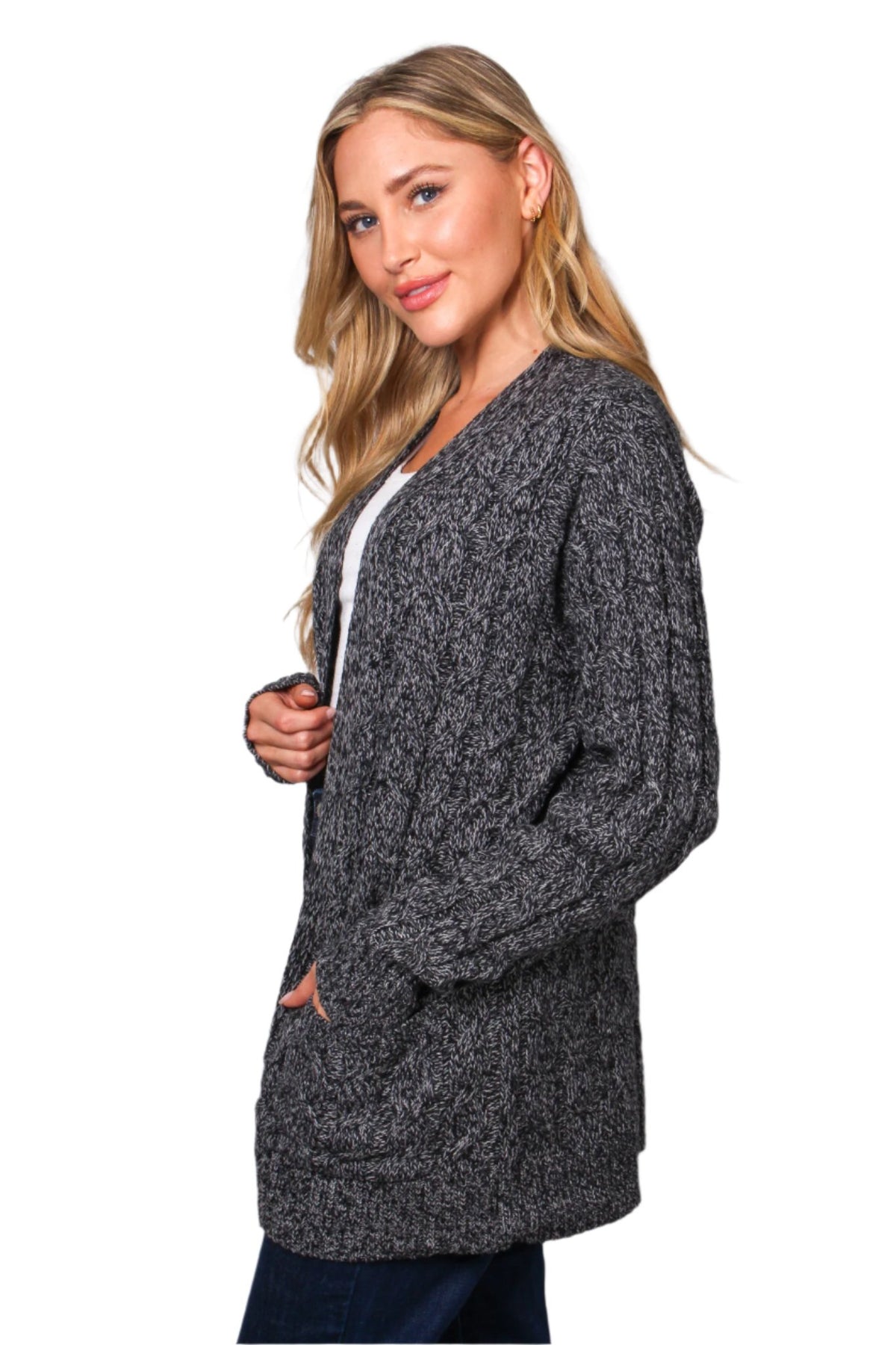 Women's Long Sleeves Open Front Double Pocket Cable Knit Cardigan