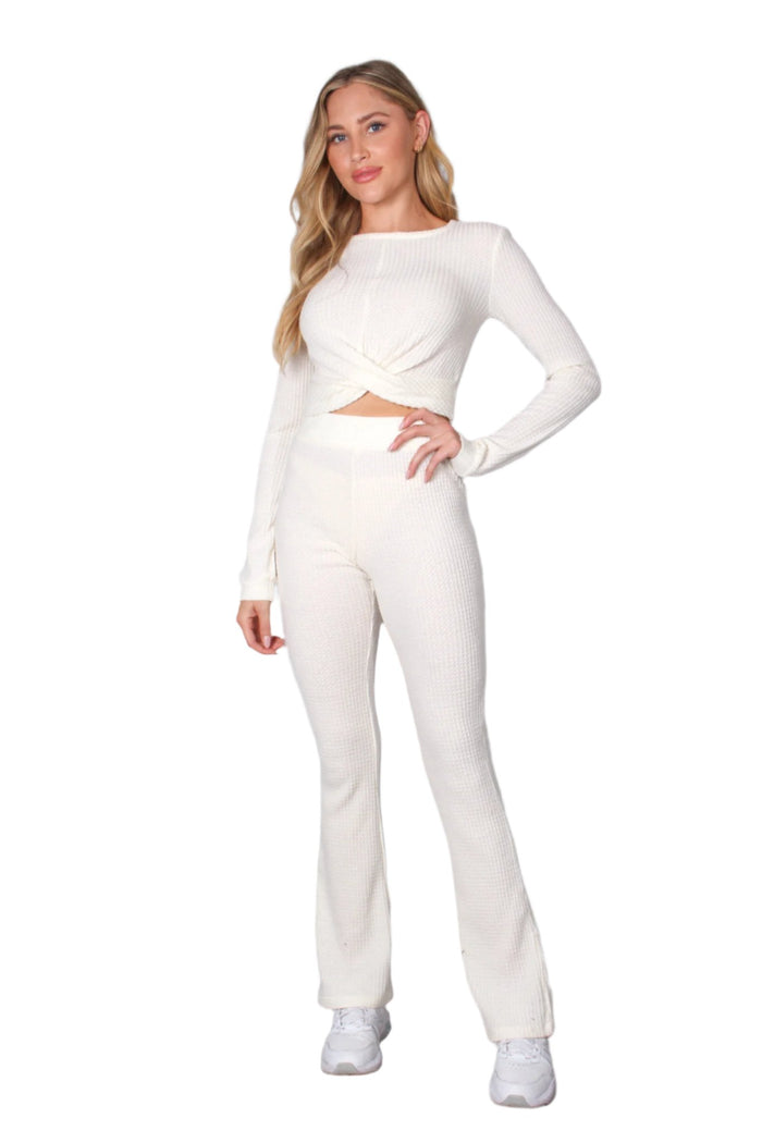 Women's Front Knot Waffle Crop Top & High Waist Knitted Pants Set