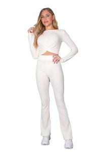 Women's Front Knot Waffle Crop Top & High Waist Knitted Pants Set