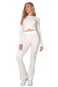 Women's Front Knot Waffle Crop Top & High Waist Knitted Pants Set