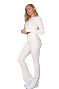 Women's Front Knot Waffle Crop Top & High Waist Knitted Pants Set
