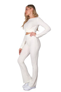 Women's Front Knot Waffle Crop Top & High Waist Knitted Pants Set
