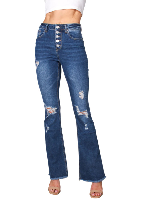 Women's High Waist Five Buttons Tattered Flare Jeans