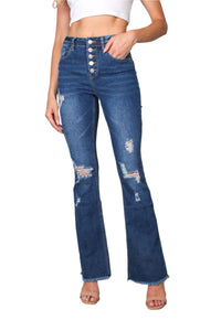 Women's High Waist Five Buttons Tattered Flare Jeans