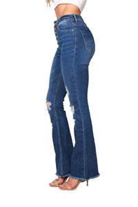 Women's High Waist Five Buttons Tattered Flare Jeans